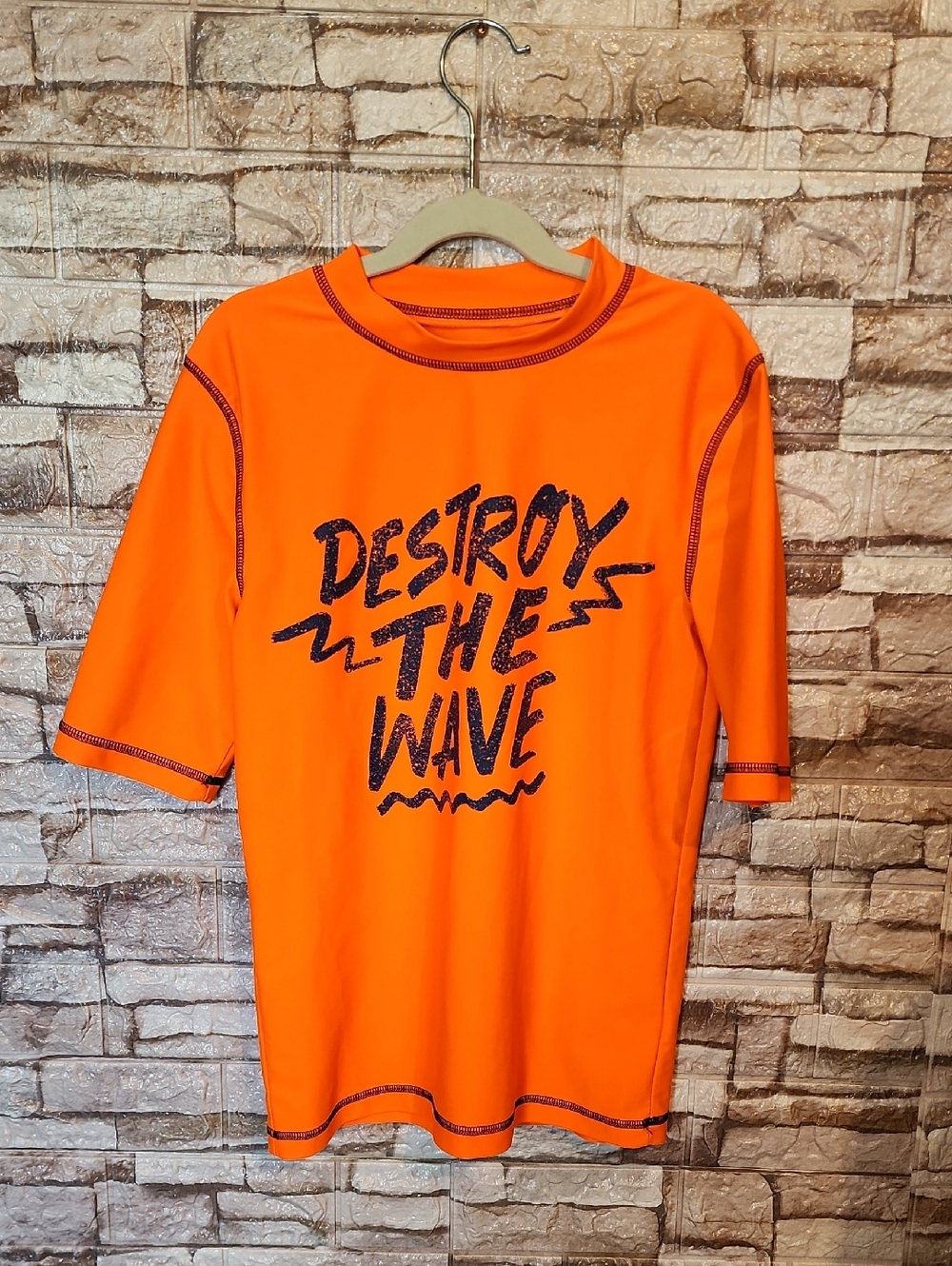 Cherokee  Orange Destroy The Wave Graphic Mock Neck Short Sleeve Swim Top